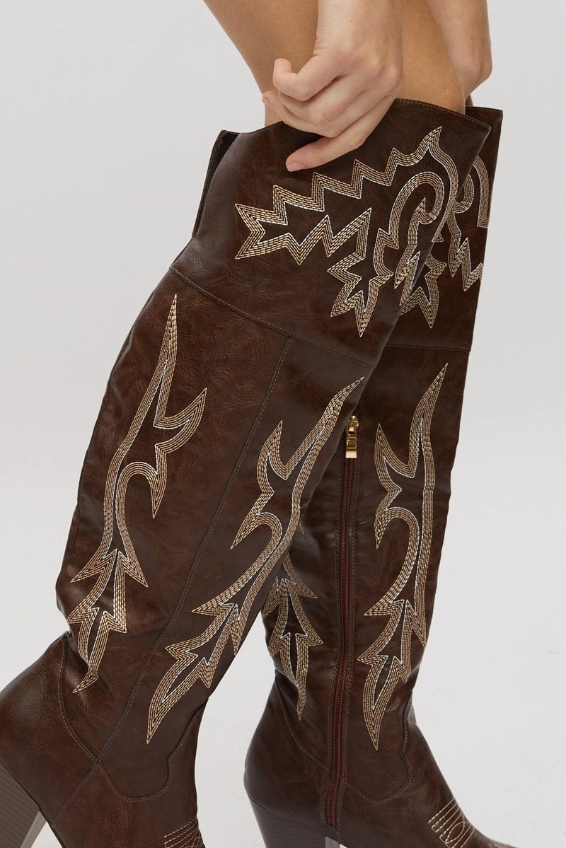 Brown Over The Knee Western Boots