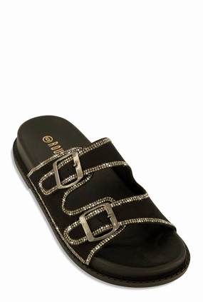 Double Buckle Band Studded Trim Slide Sandals