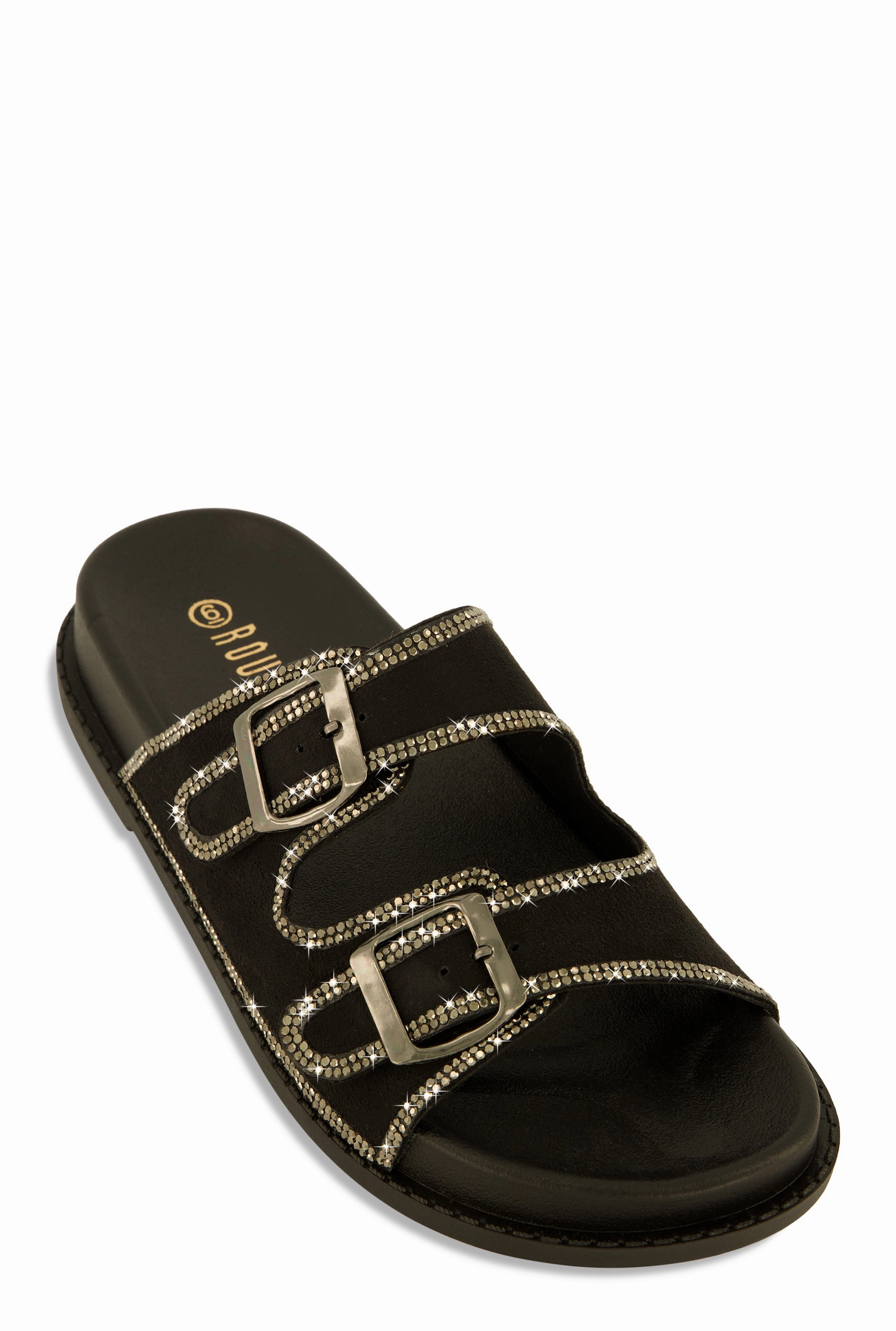 Double Buckle Band Studded Trim Slide Sandals