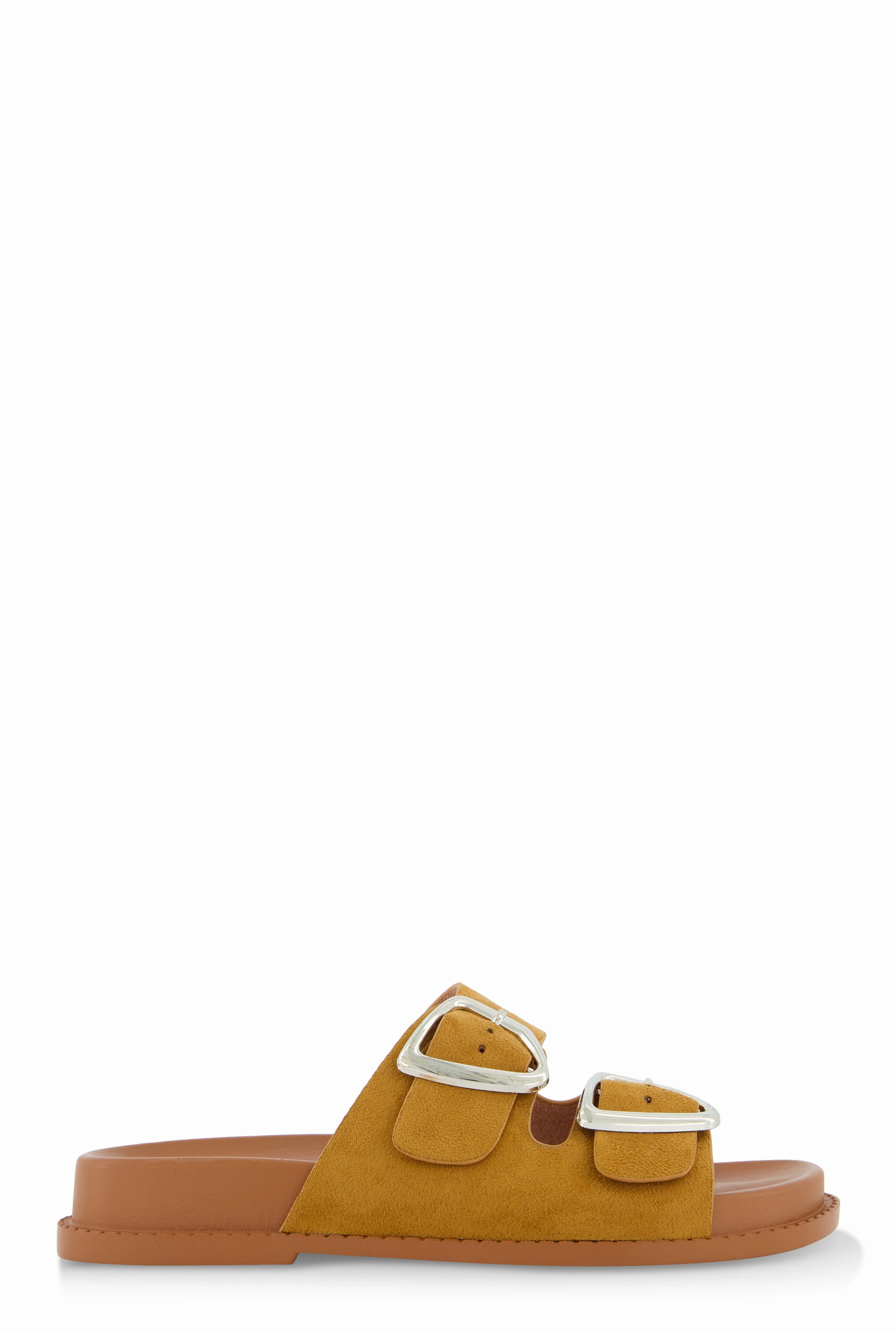 Faux Suede Double Buckle Band Slide Sandals