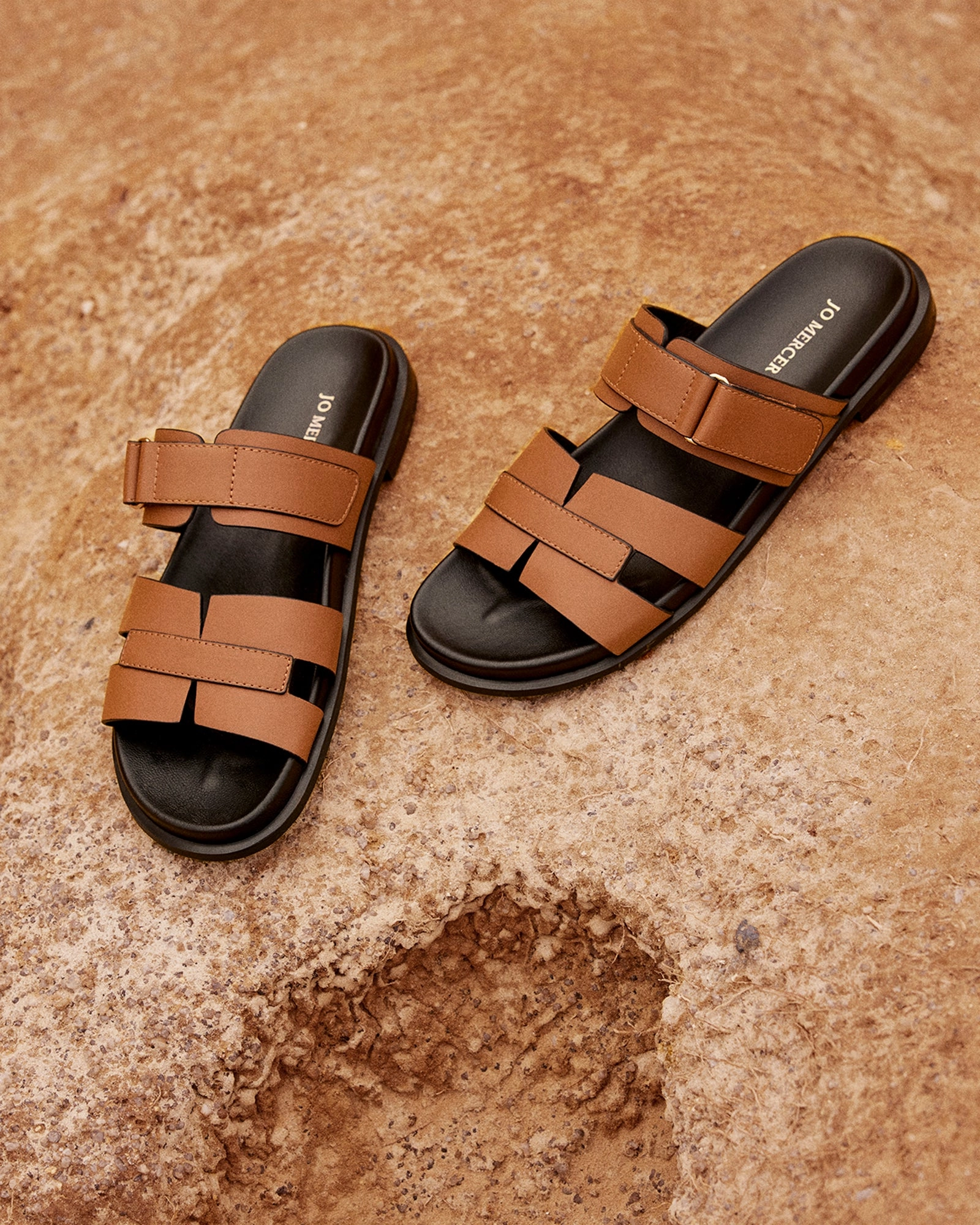 HENDRIX FLAT SLIDES DARK TAN LEATHER