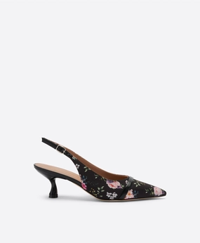 Jama 45 Black Floral Grosgrain Kitten Slingbacks