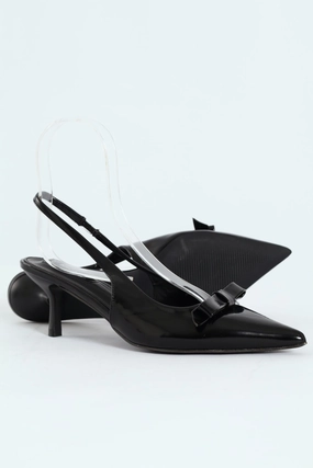 Kitten Slingback Heel With Slim Bow - Black