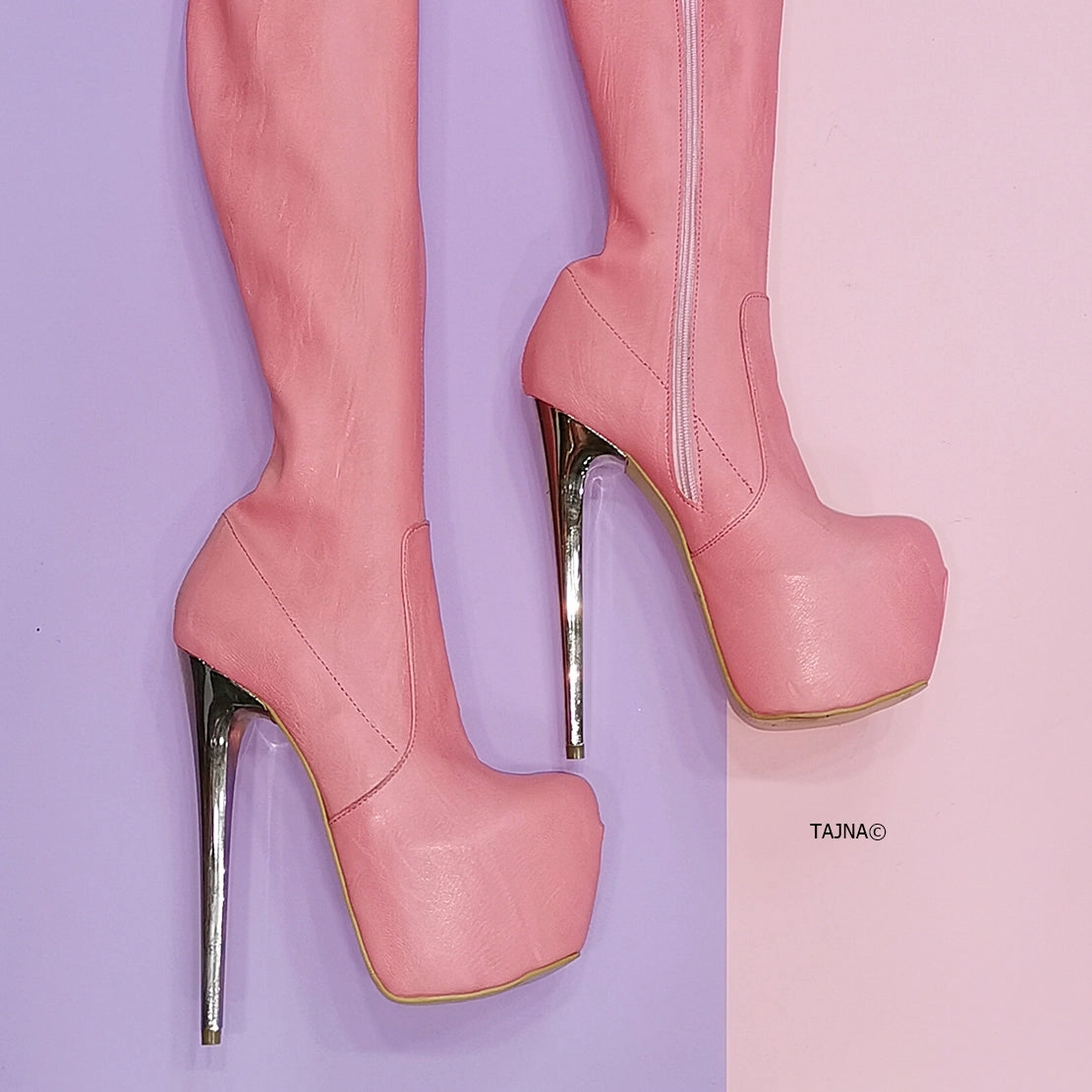 Light Pink Strech Thigh High Boots