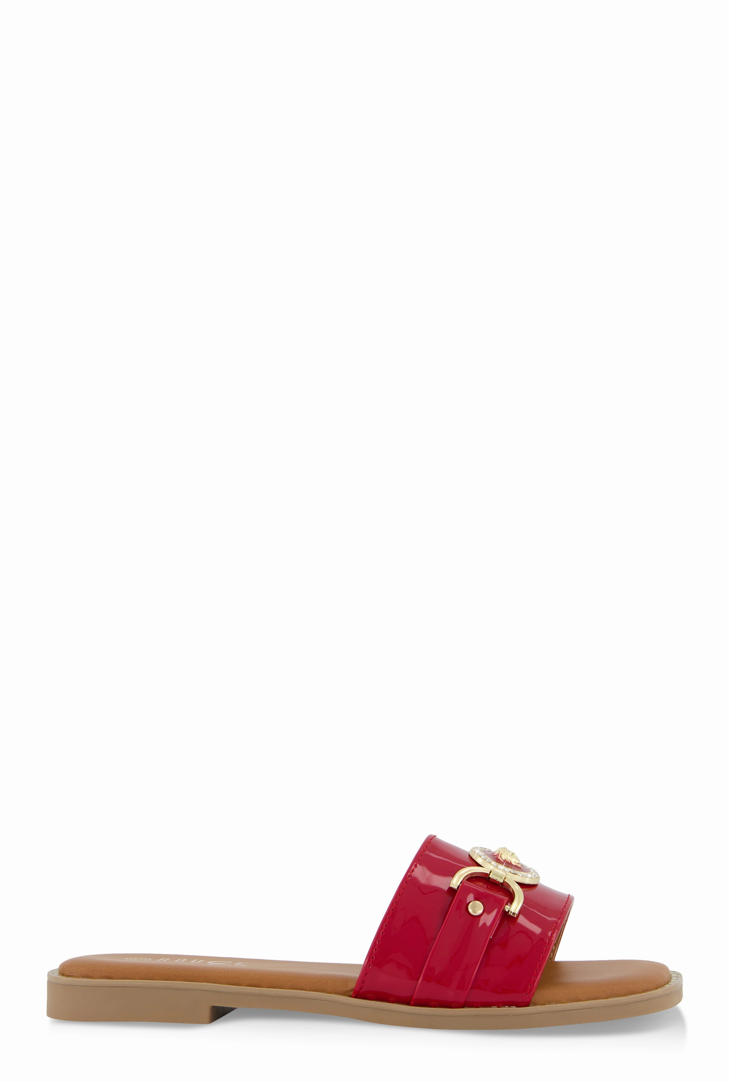 Metallic Pendant Faux Patent Leather Slide Sandals