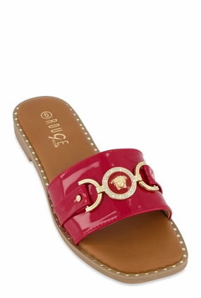 Metallic Pendant Faux Patent Leather Slide Sandals