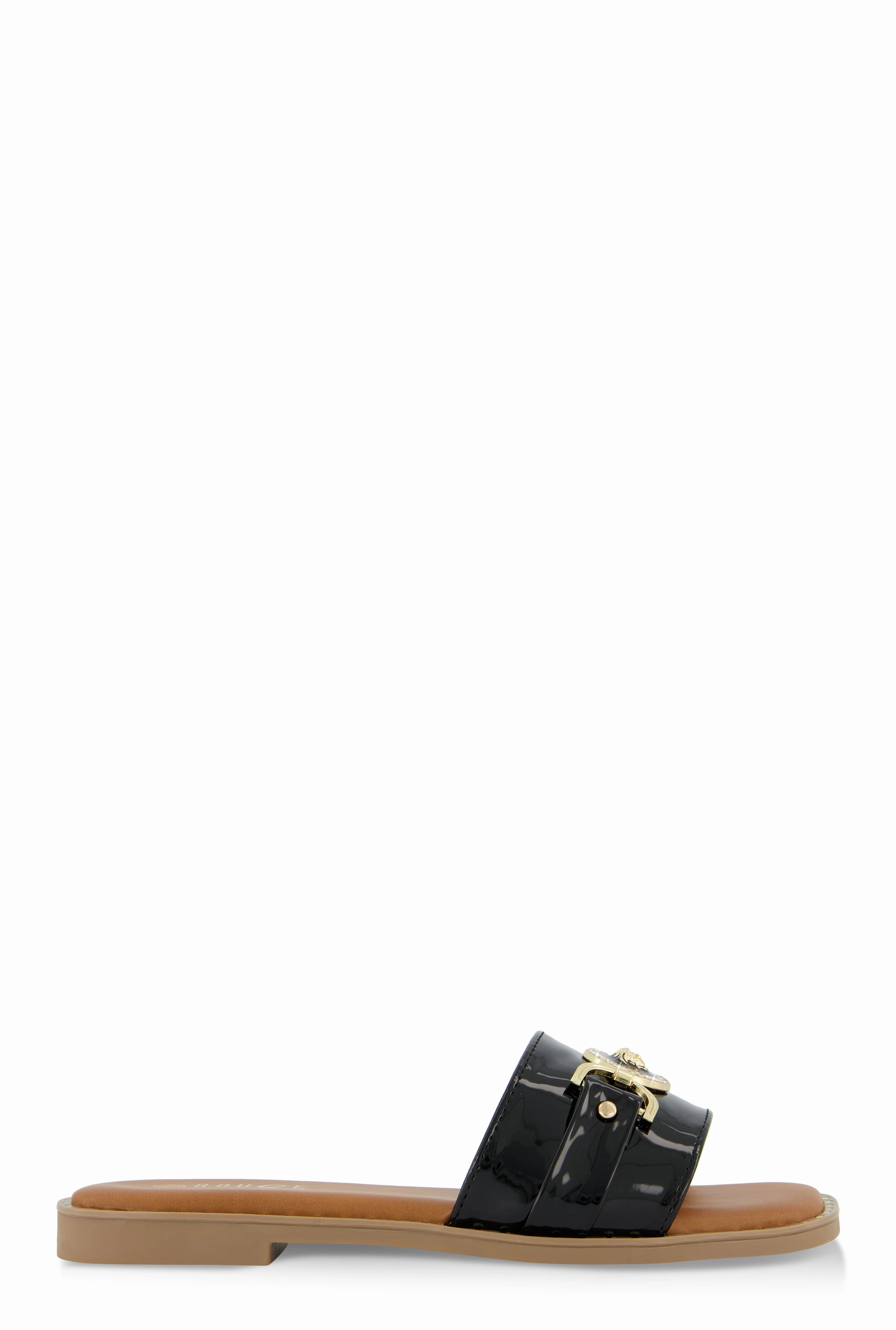 Metallic Pendant Faux Patent Leather Slide Sandals