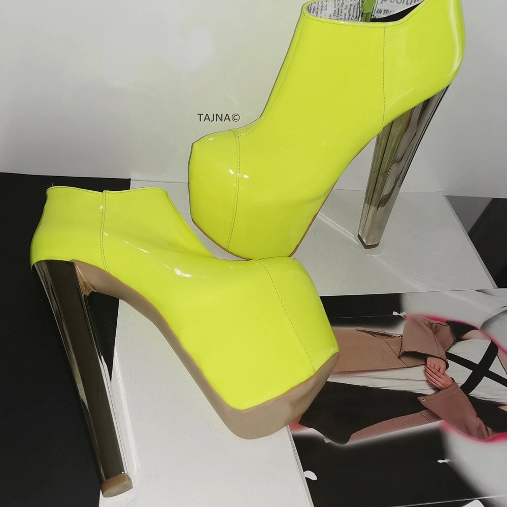Neon Yellow Patent Platform Ankle Booties