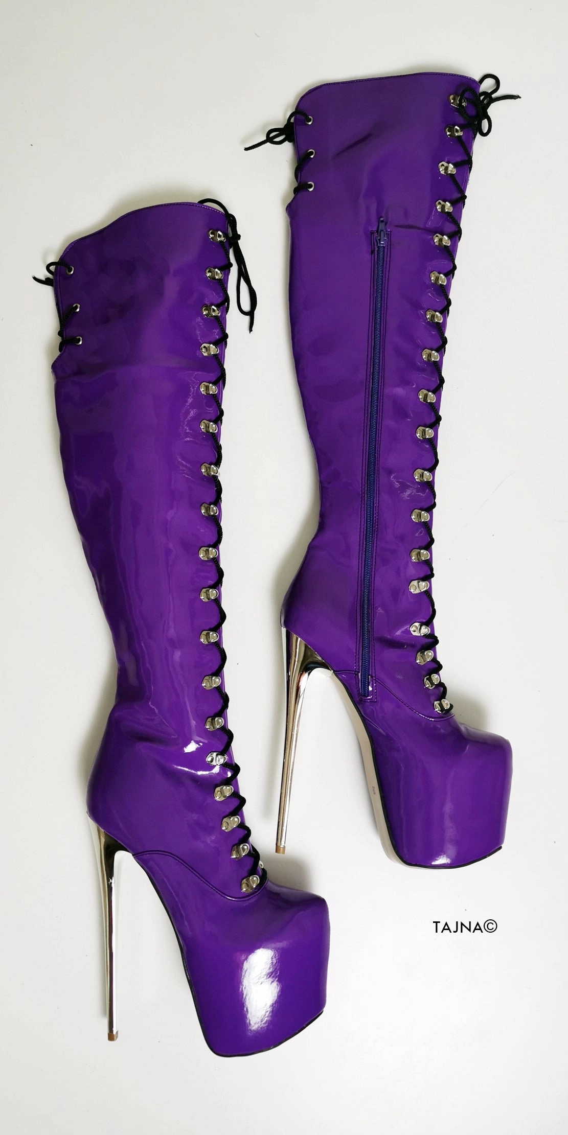 Purple Gloss Patent Military Style Lace Up Boots