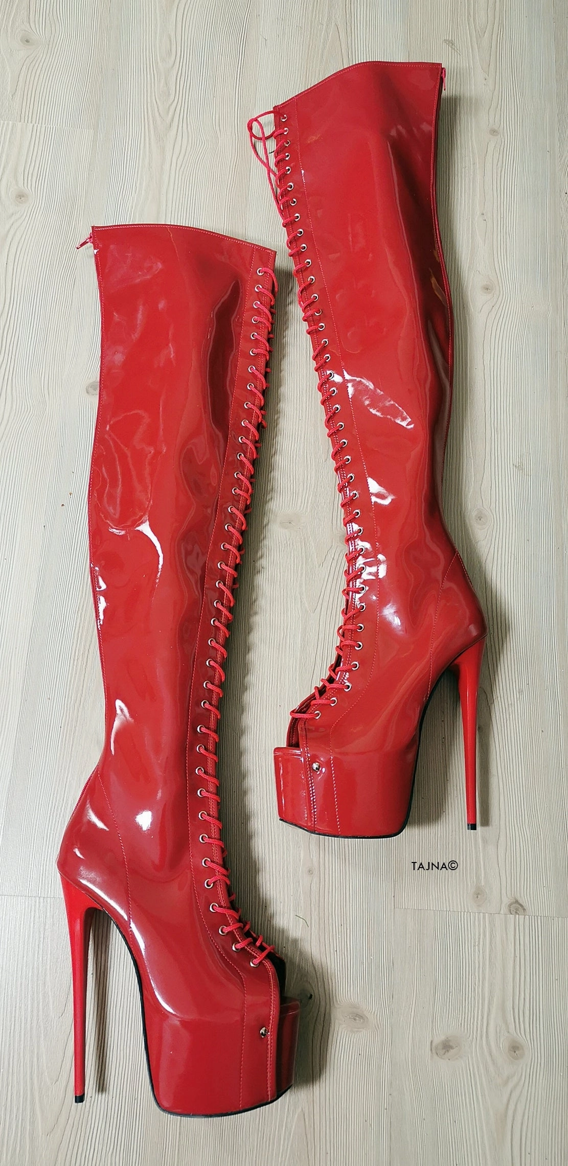Red Patent Gladiator Lace Up Thigh High Boots