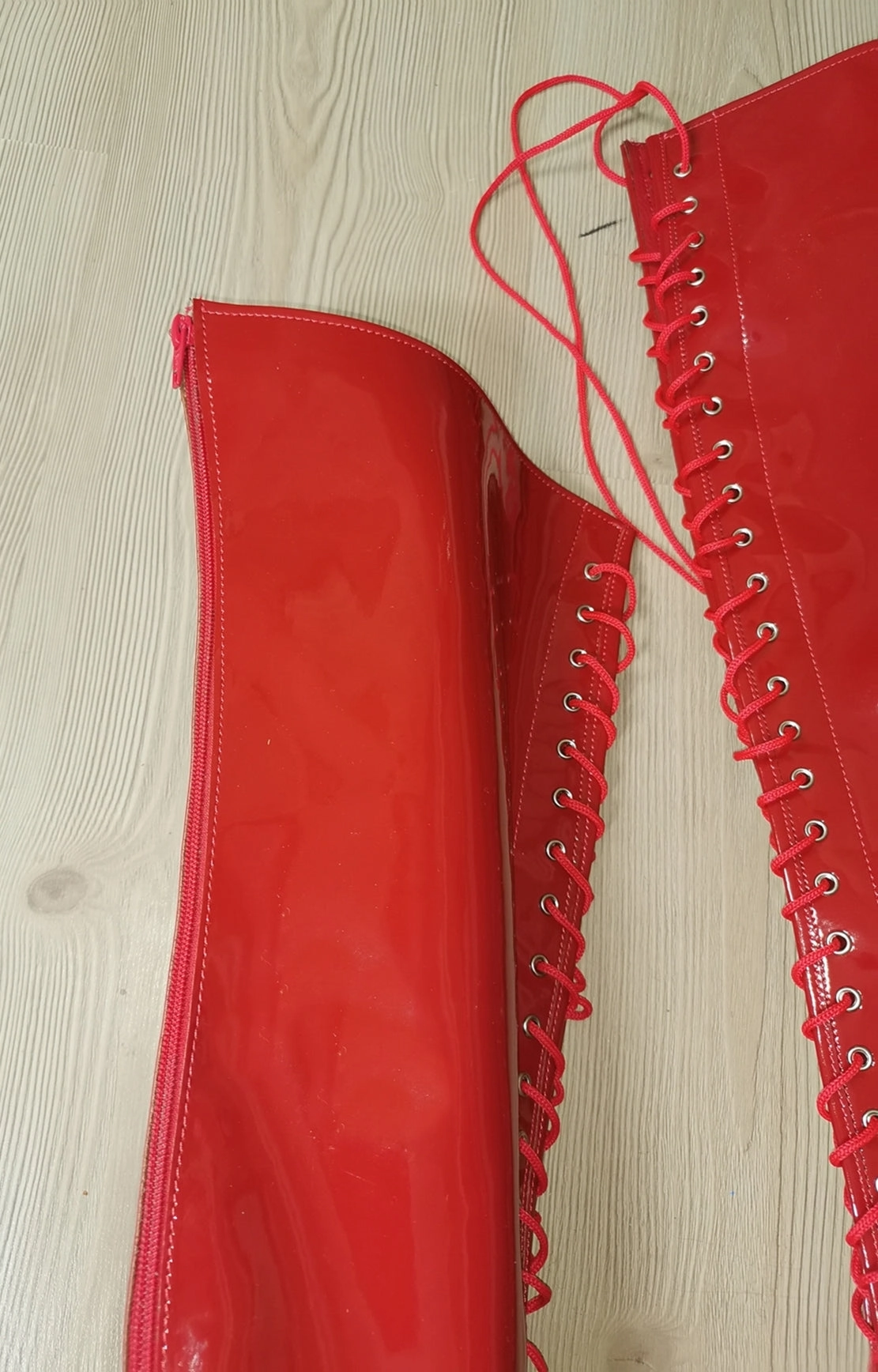 Red Patent Gladiator Lace Up Thigh High Boots