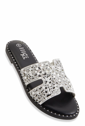 Rhinestone Studded Cut Out Band Slide Sandals