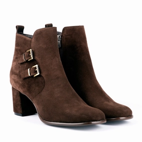 Scorpius - Double Belted Ankle Leather Booties Suede Brown