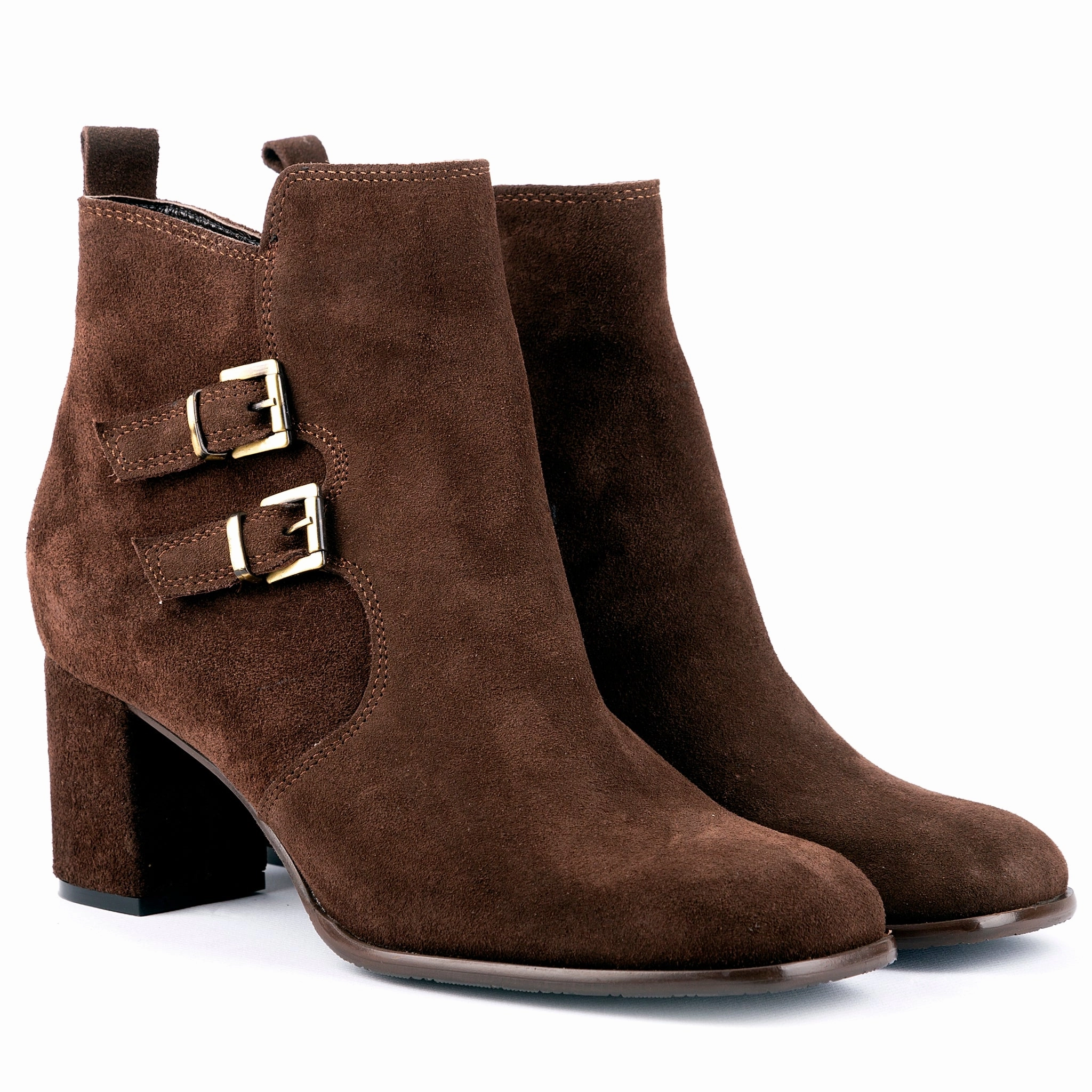Scorpius - Double Belted Ankle Leather Booties Suede Brown