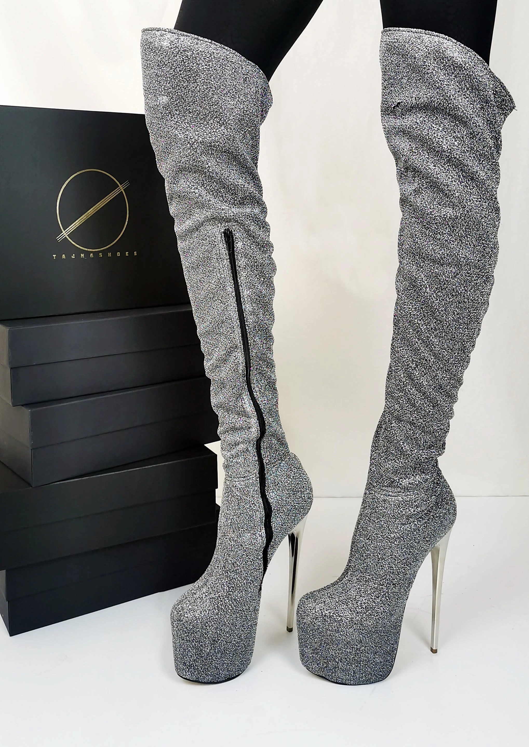Stretch Shiny Silver Gray Boots