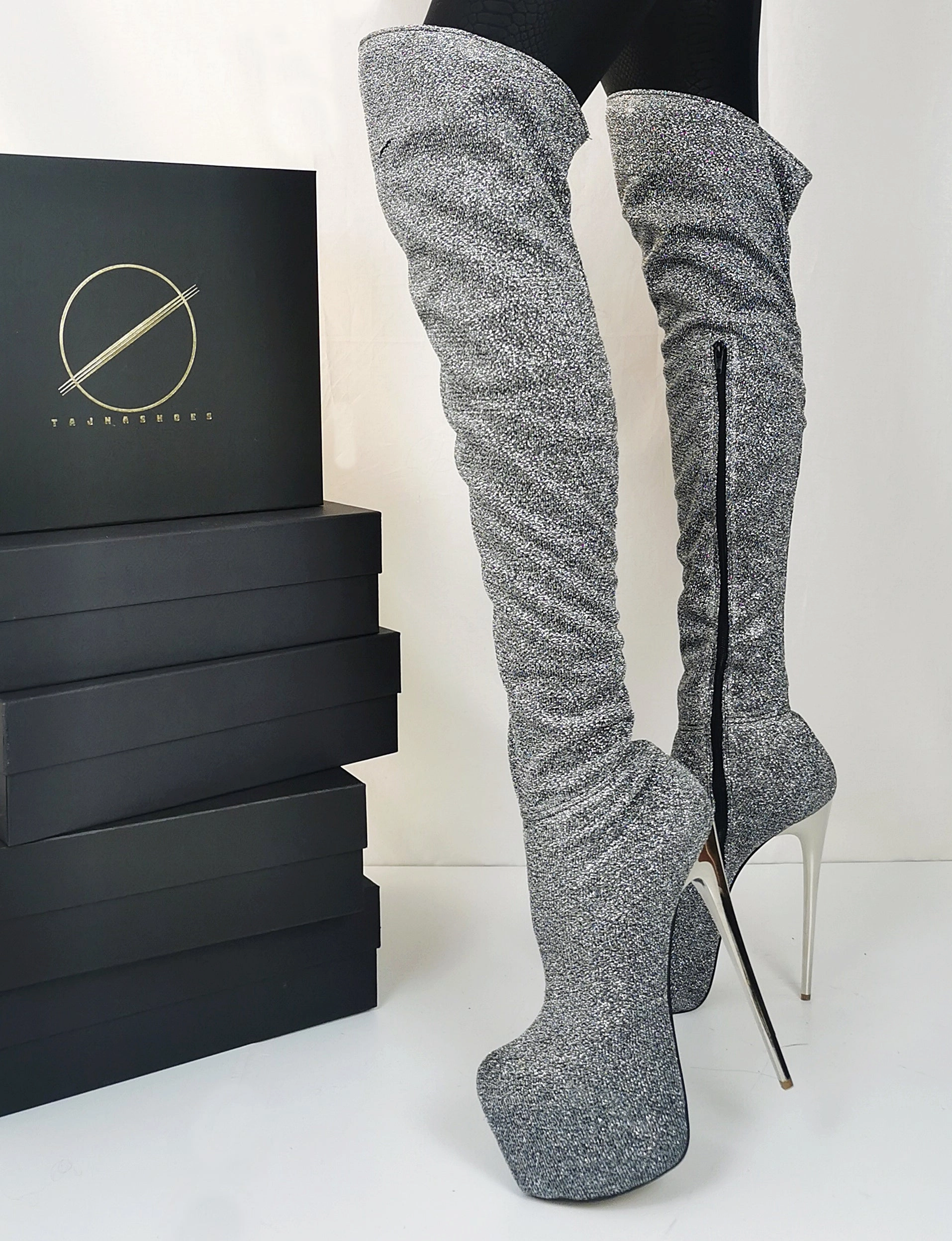 Stretch Shiny Silver Gray Boots