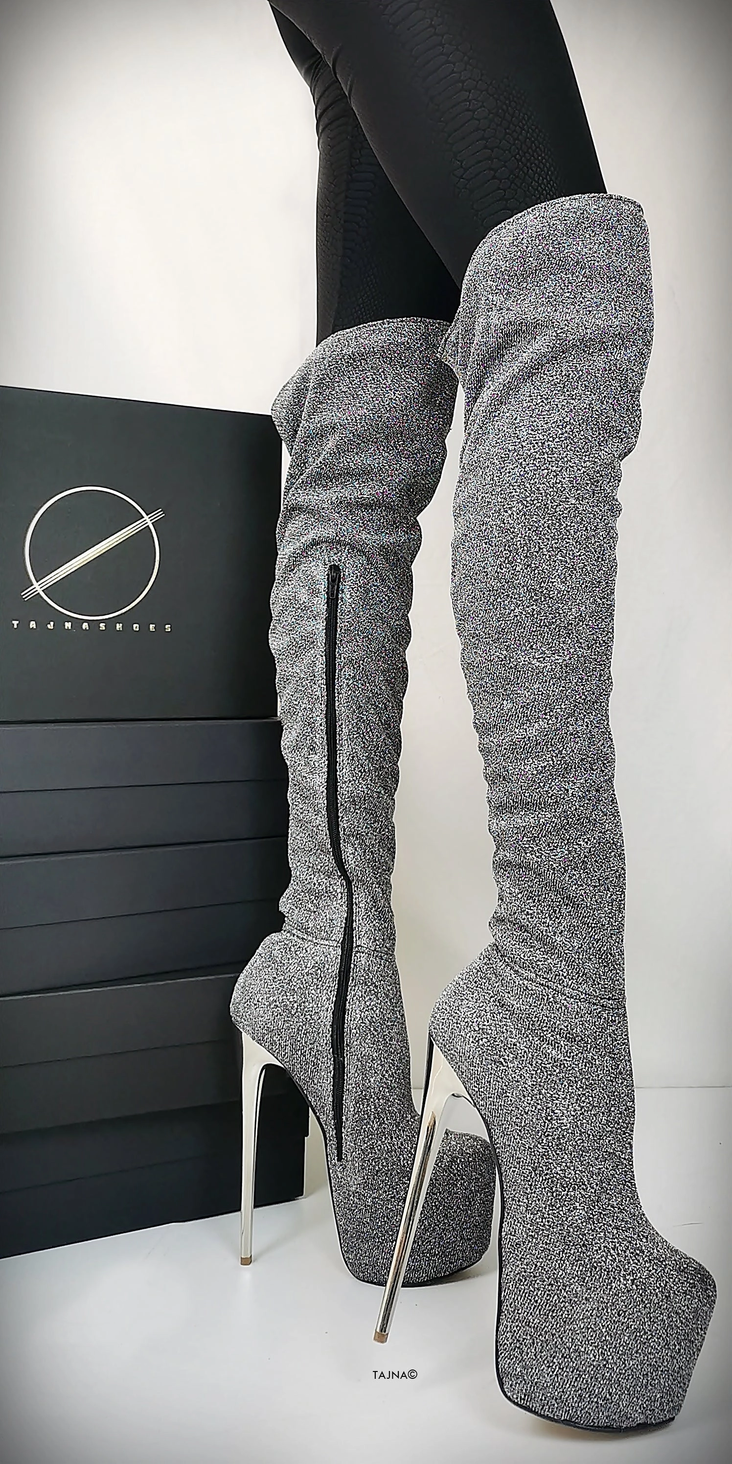 Stretch Shiny Silver Gray Boots