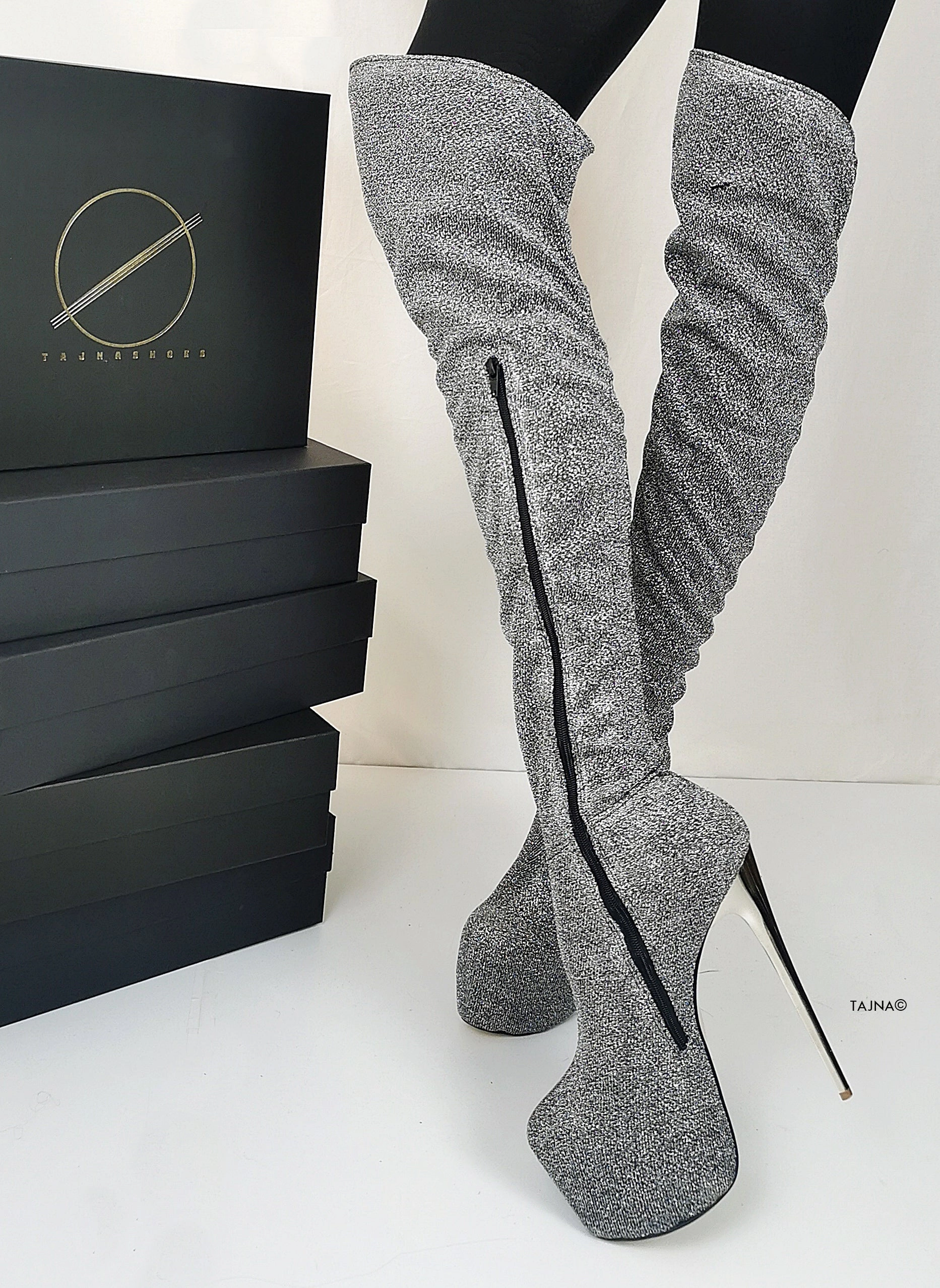 Stretch Shiny Silver Gray Boots