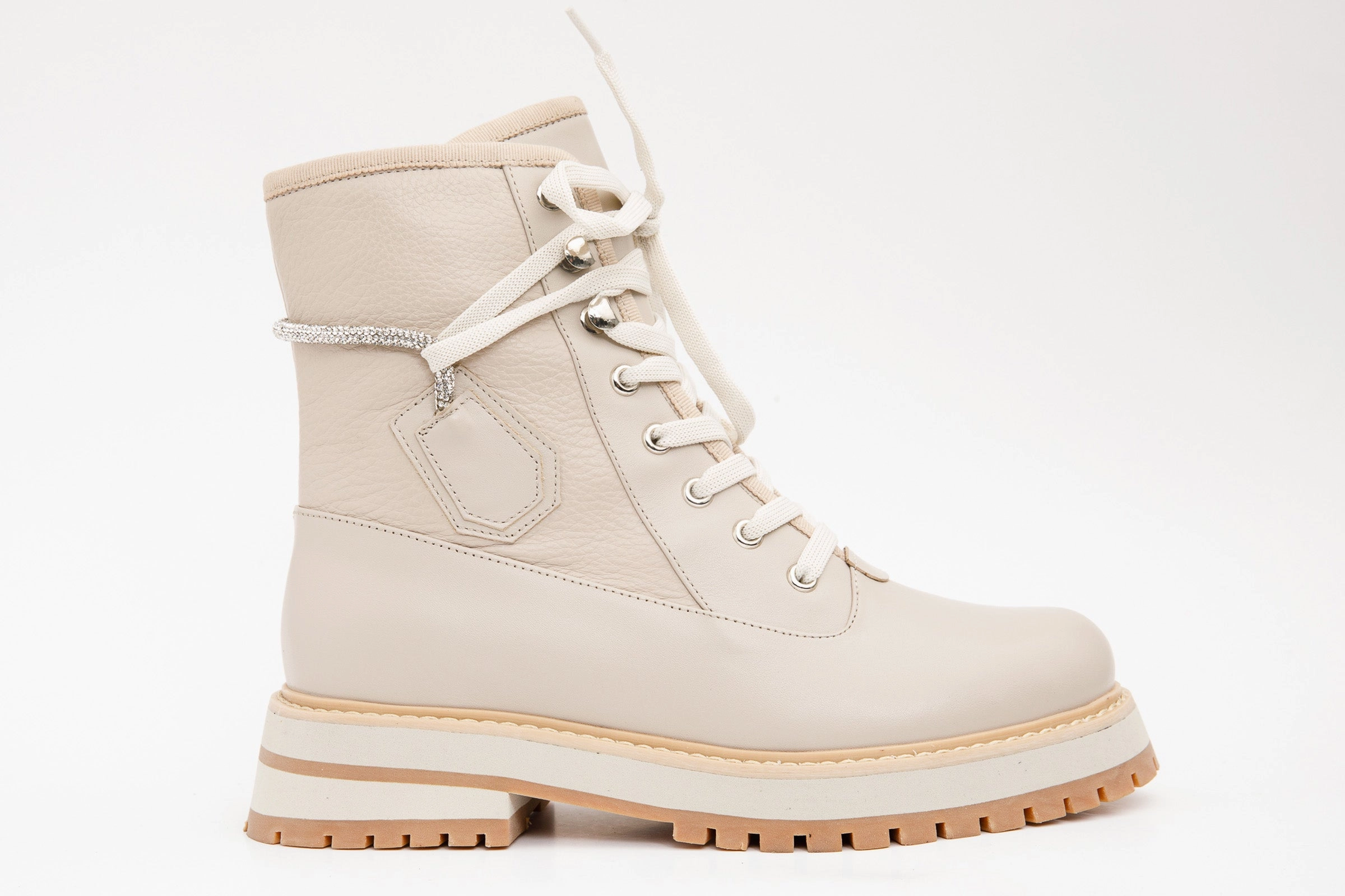 The Arata Cream Leather Lace-Up Ankle Women Boot With a Side Zipper