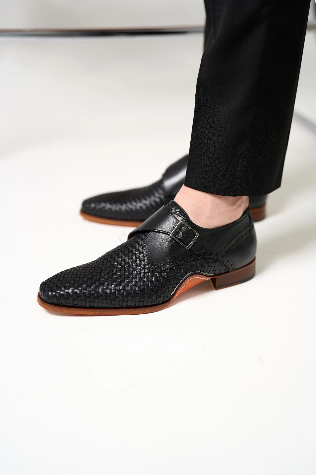 The Rolls  Woven Black Leather Single Monk Strap  Handmade Men Shoe