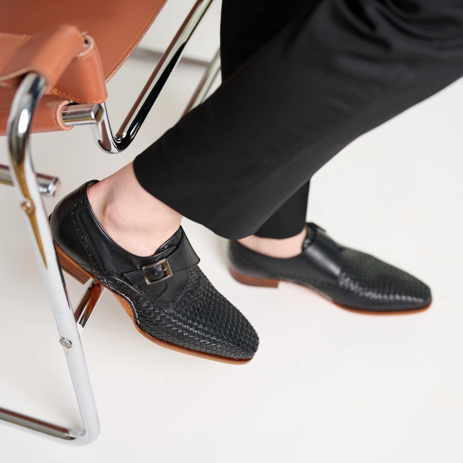 The Rolls  Woven Black Leather Single Monk Strap  Handmade Men Shoe