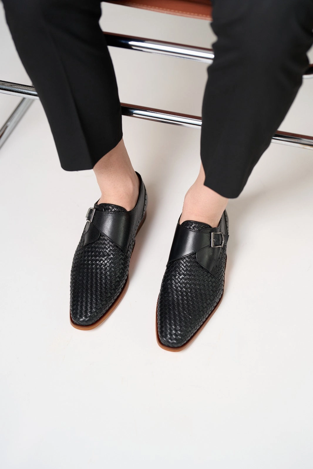 The Rolls  Woven Black Leather Single Monk Strap  Handmade Men Shoe